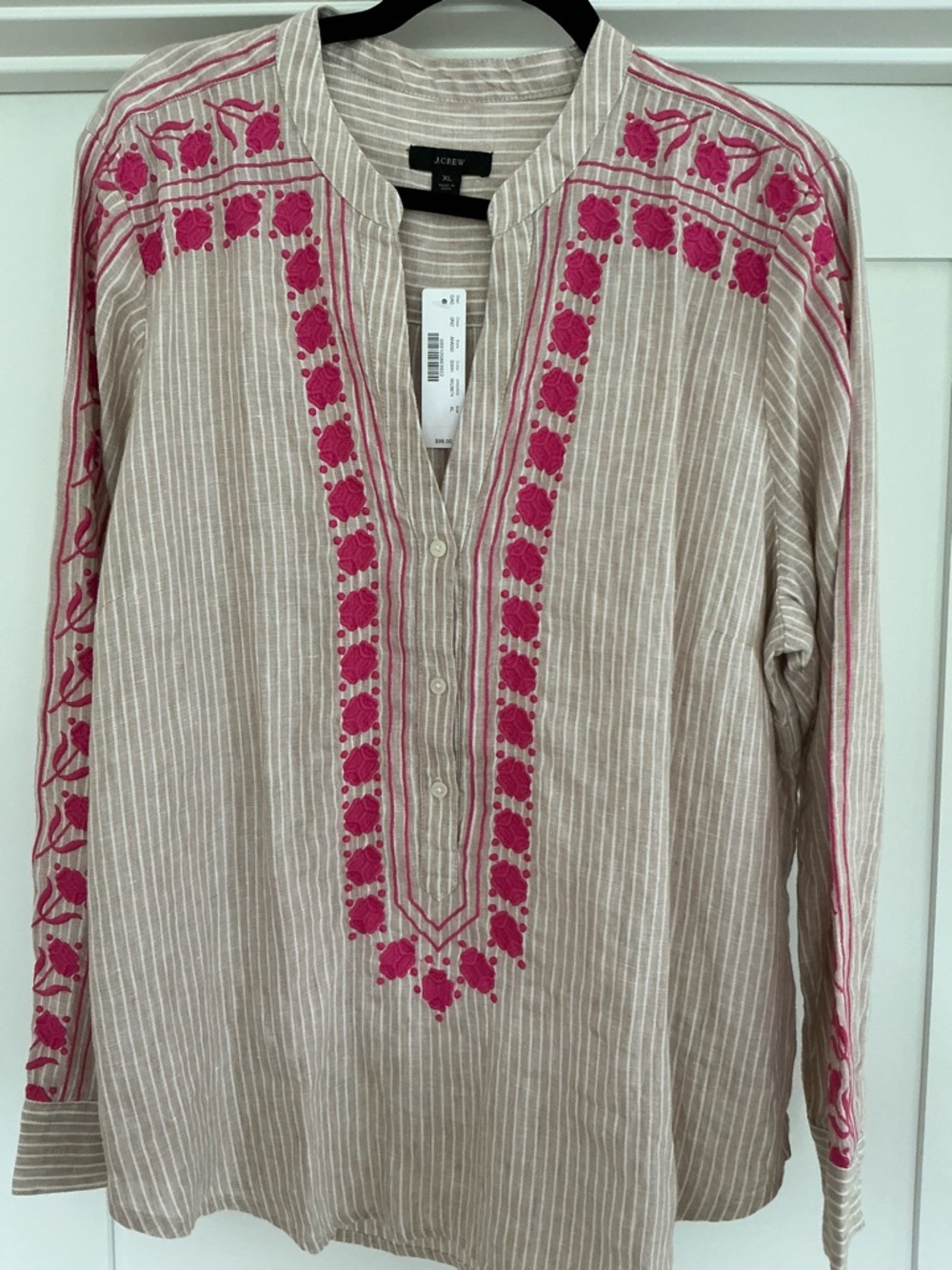 J. Crew Tan and White Striped Linen Tunic with Hot Pink Embroidery